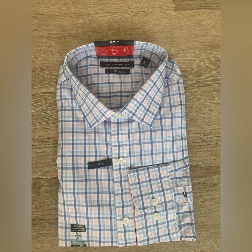 Tommy Hilfiger (NWT) Slim Fit Stretch Plaid Blue & Pink Size Dress Shirt Size XL